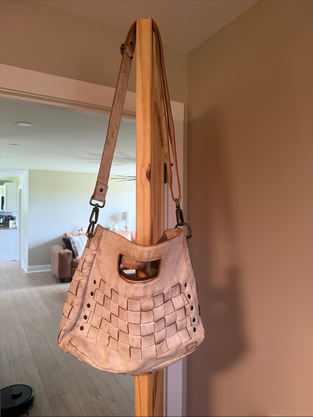 Bed Stu Woven Leather Shoulder Bag in Taupe